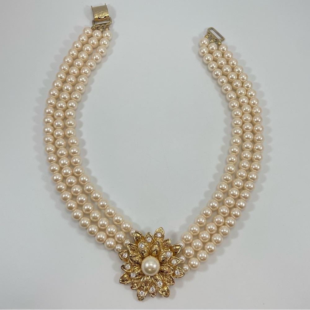 Vintage Necklace 3 Strand Glass Pearls Gold Tone Flower Rhinestone 17” Length